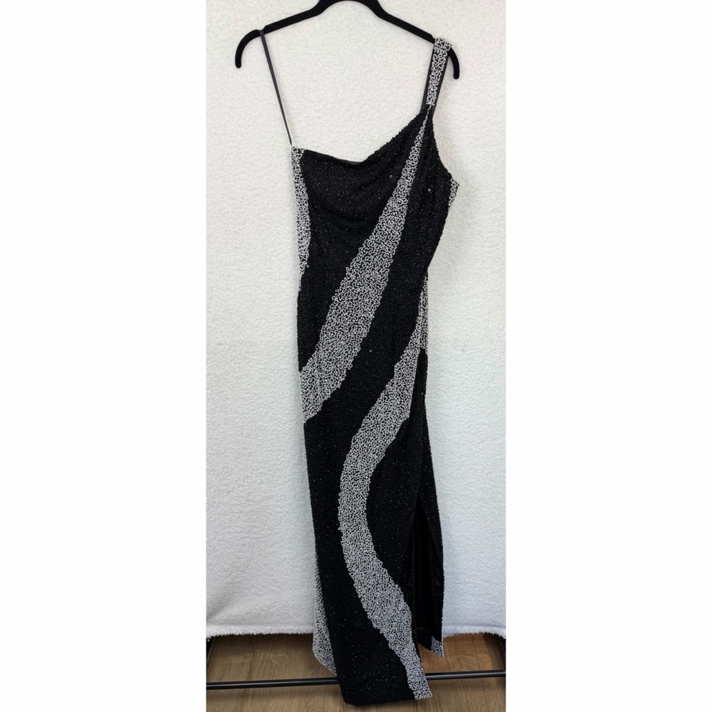 (VTG) SCALA • Black/White One-Shoulder Beaded Formal Maxi Gown w/ Side Slit, S - Picture 7 of 15